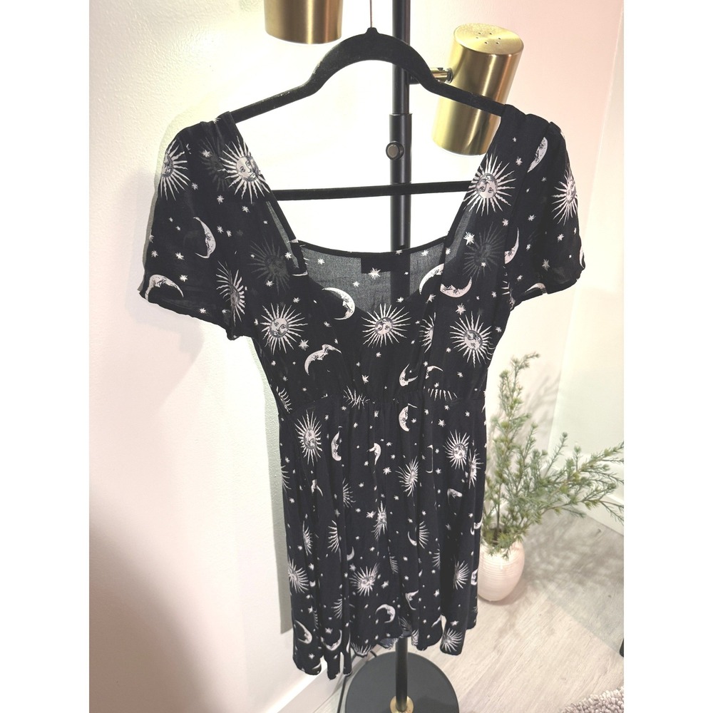 Midnight Hour Celestial Sun Moon Star Black Button Front Mini Dress Womens